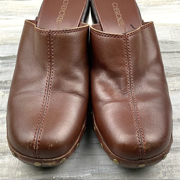 Brown Leather Clogs Cherokee “Blanche” Y2K Chunky Studded Slip-On Mules 6M - Picture 10 of 15